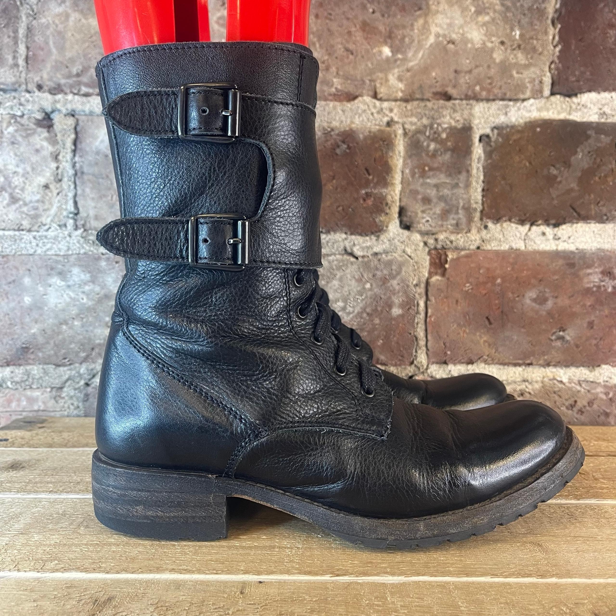 Sendra Black Leather Motorcycle Double Buckle Strap Boots Sz 7.5