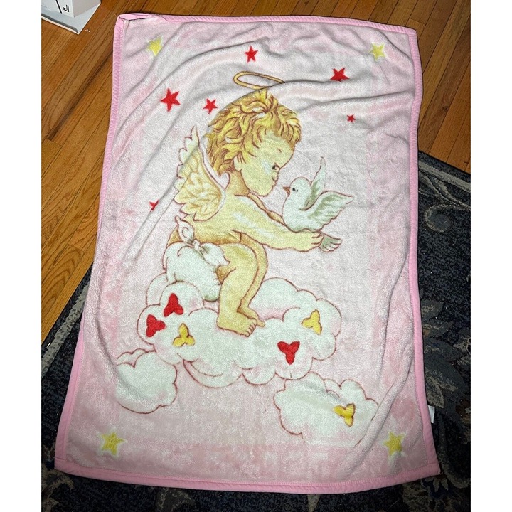 Vintage Plush Blanket Pink Cherub Angel Kissing Bird Clouds Super Baby FLAW READ