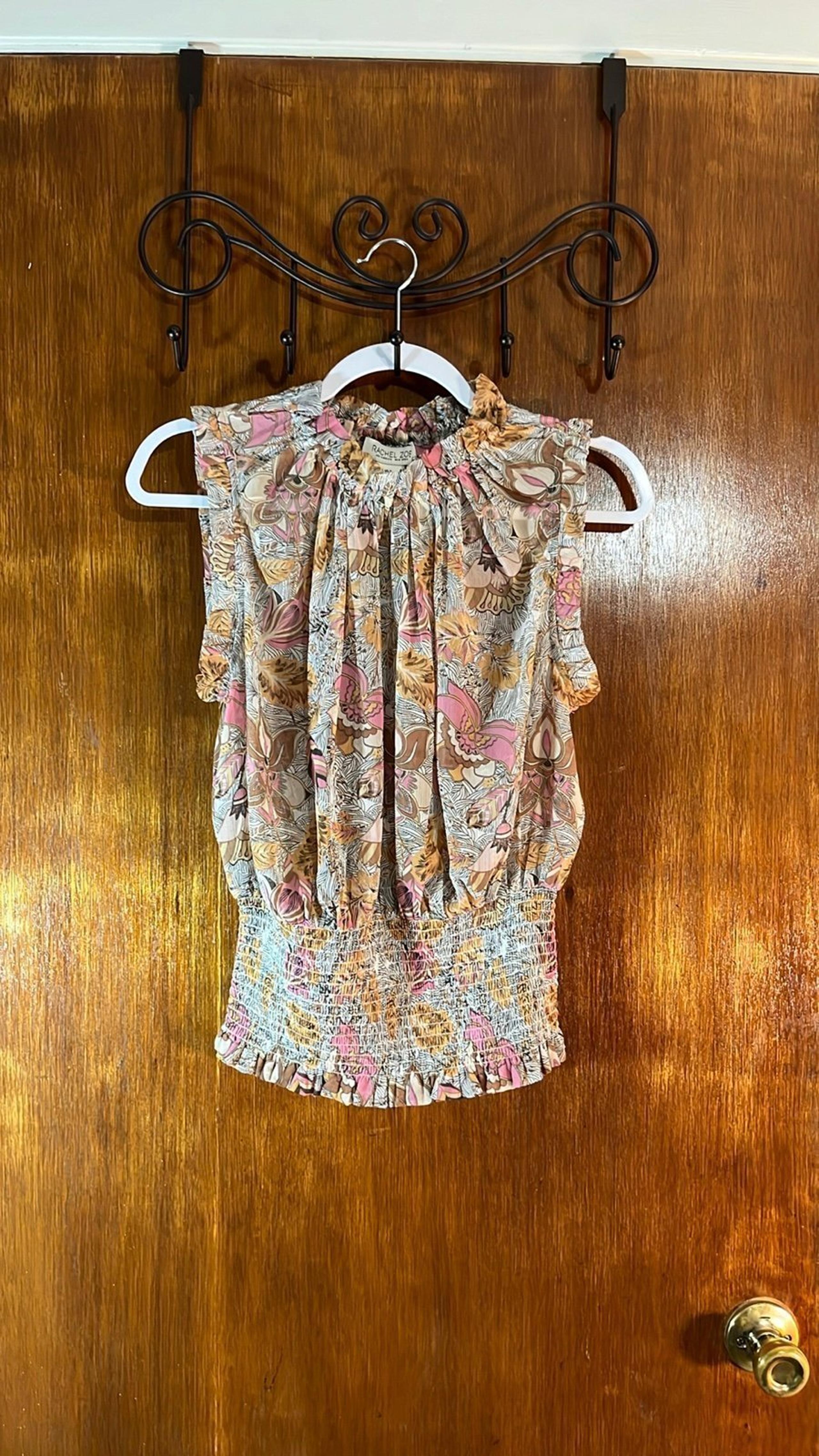 Rachel Zoe Sheer Floral Print Pink, Gold & Brown Blouse Sz Small