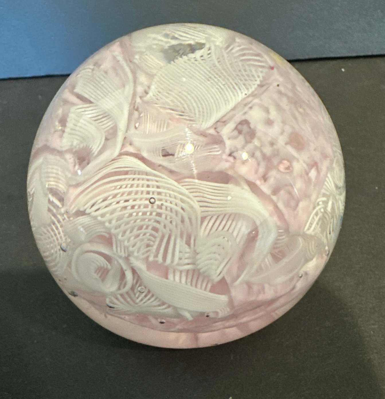 Paperweight Pink And White Latticino Ribbon Art Glass