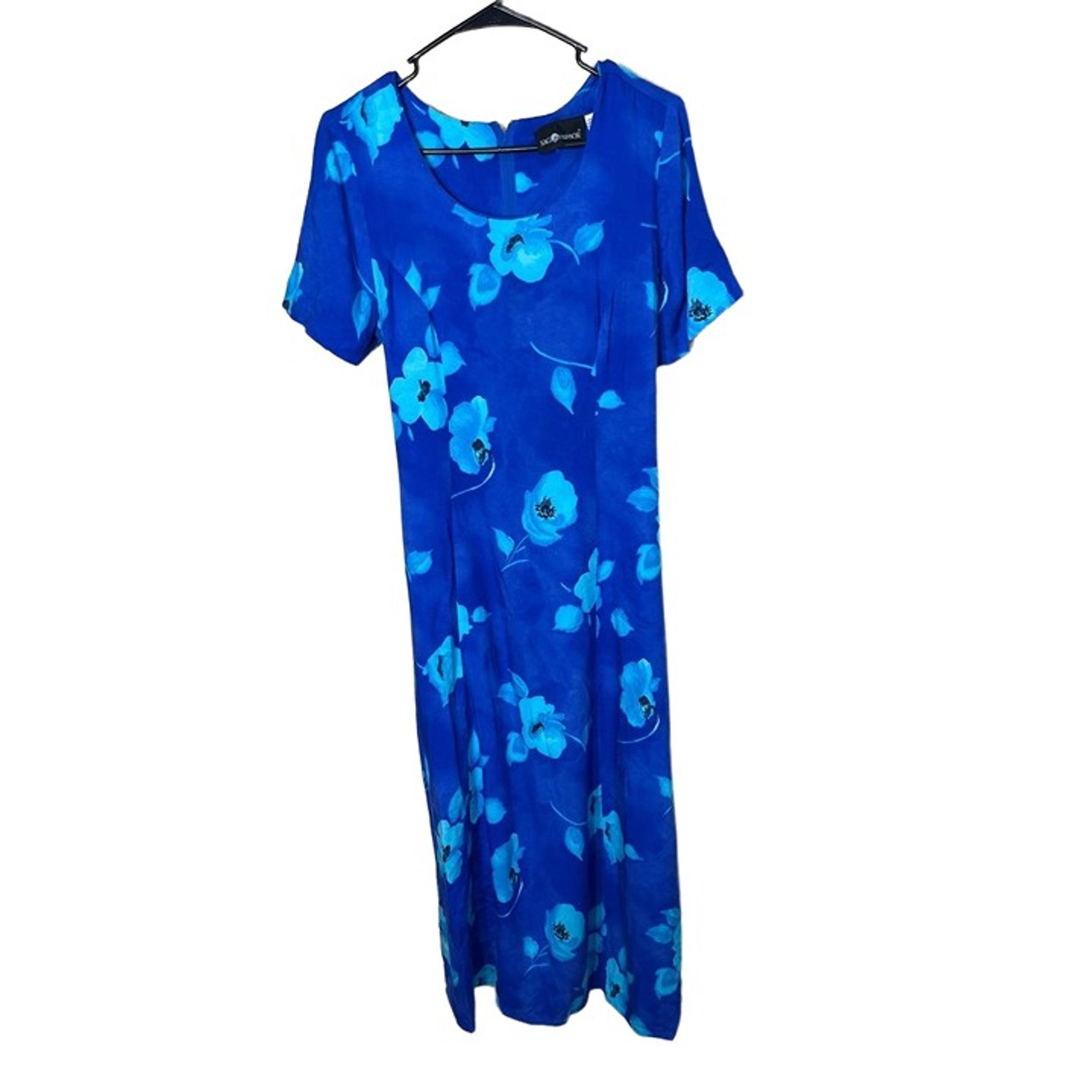 Sag Harbor Blue Floral Pattern Short Sleeve Maxi Dress 90s Vintage Womens Large