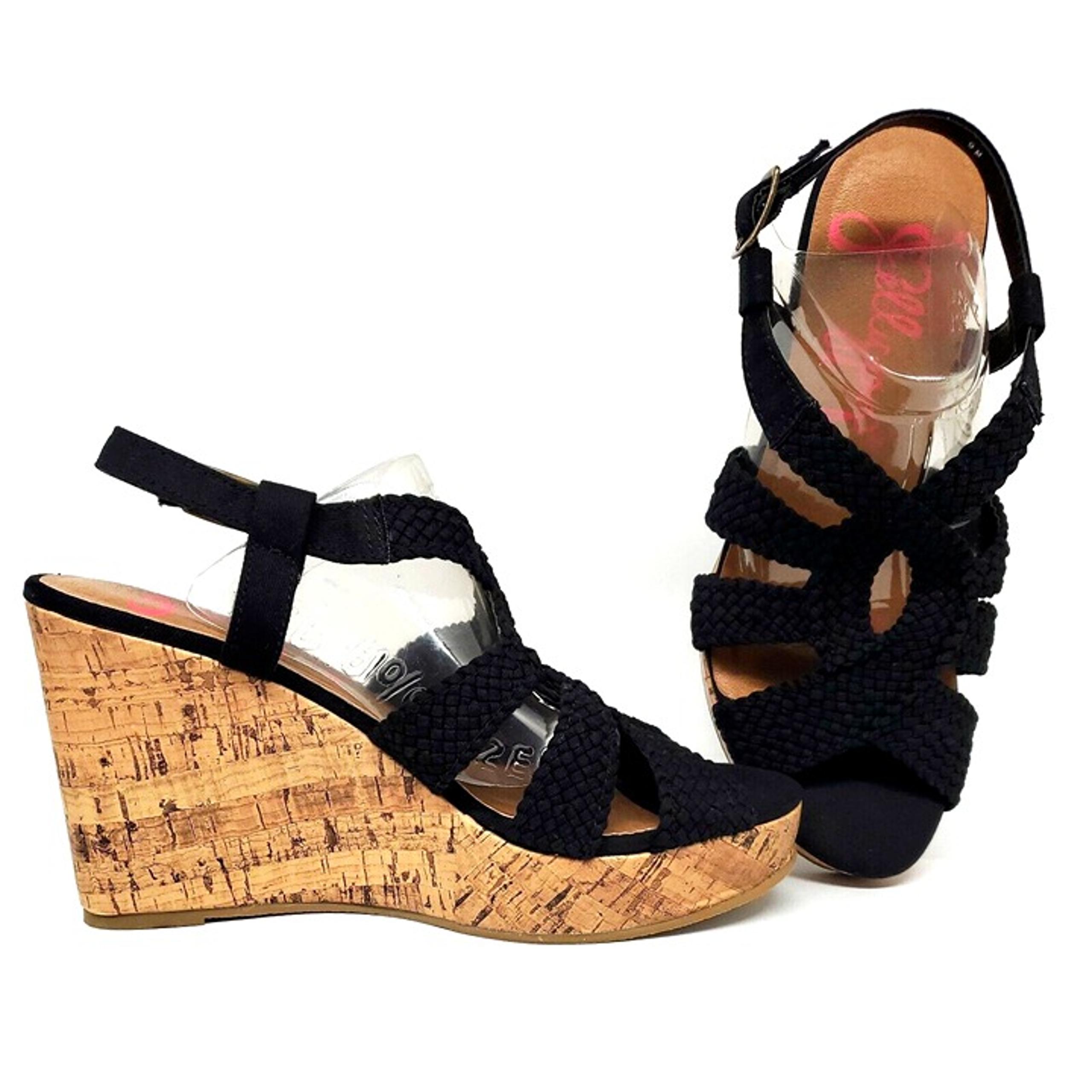 JellyPop Fraisia Black Canvas Open Toe Wedge Heel Sling Back Women's Size 9