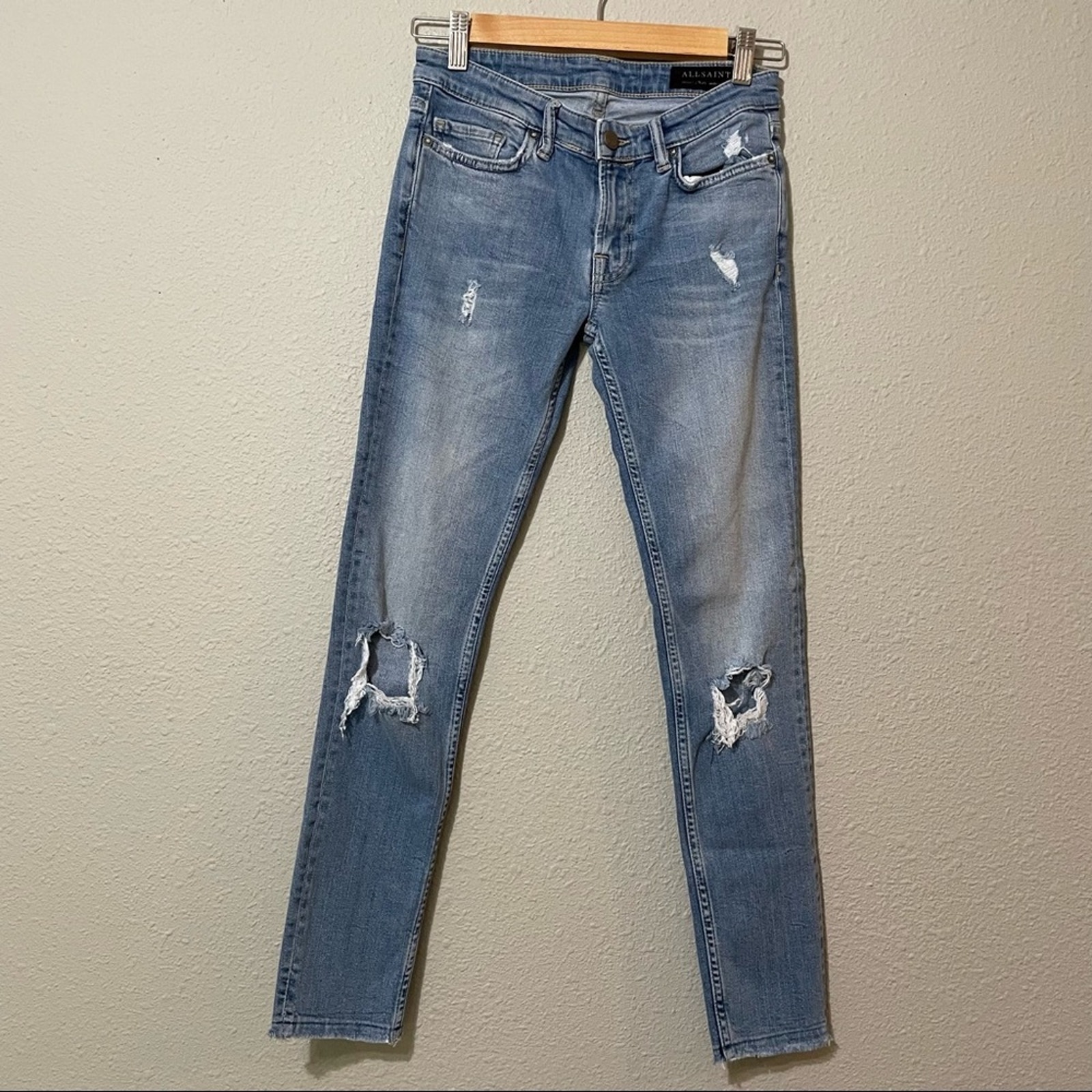 All Saints Distressed High Rise Skinny Jeans Raw Hem Womens 25 Blue Denim Zip