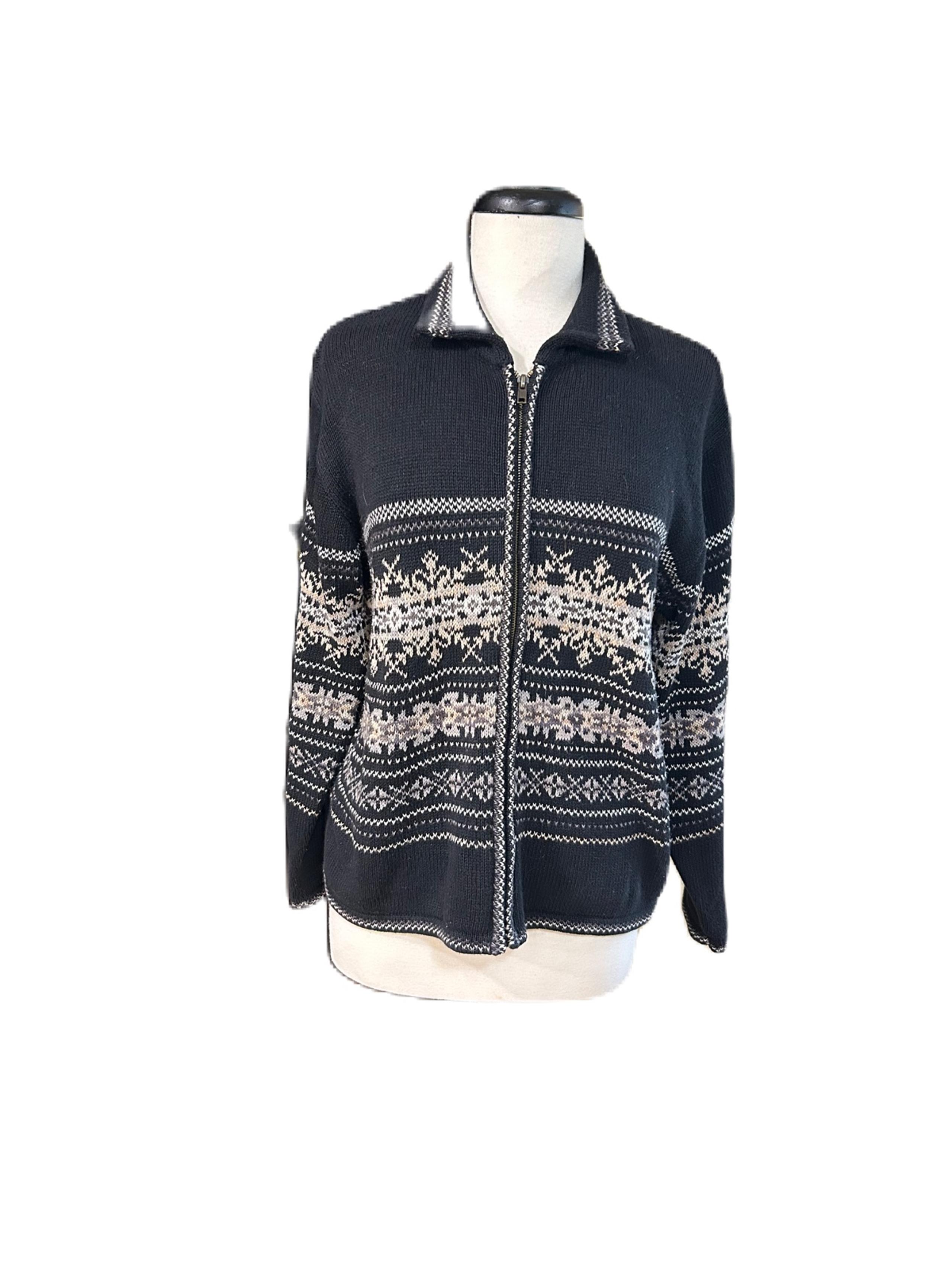 Vtg Heirloom Collectibles Fair Isle Black Sweater Womens Size Medium Knit Granny