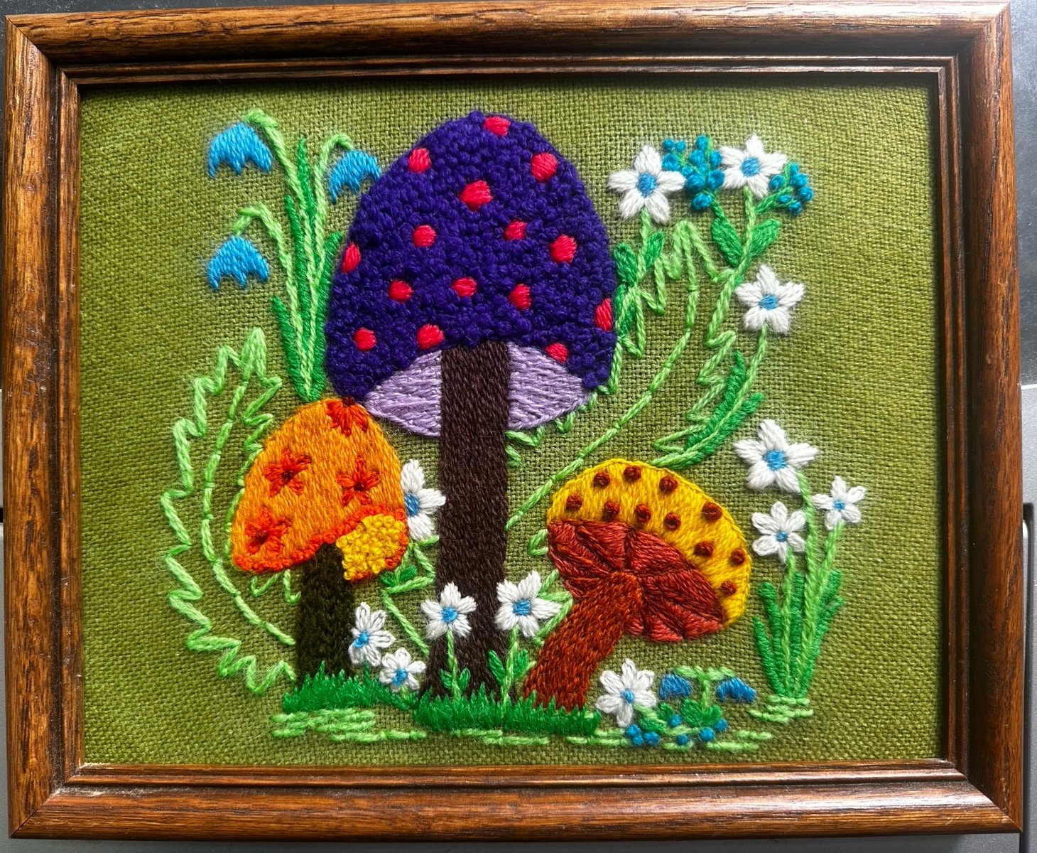 Vintage handmade mushroom crewel framed