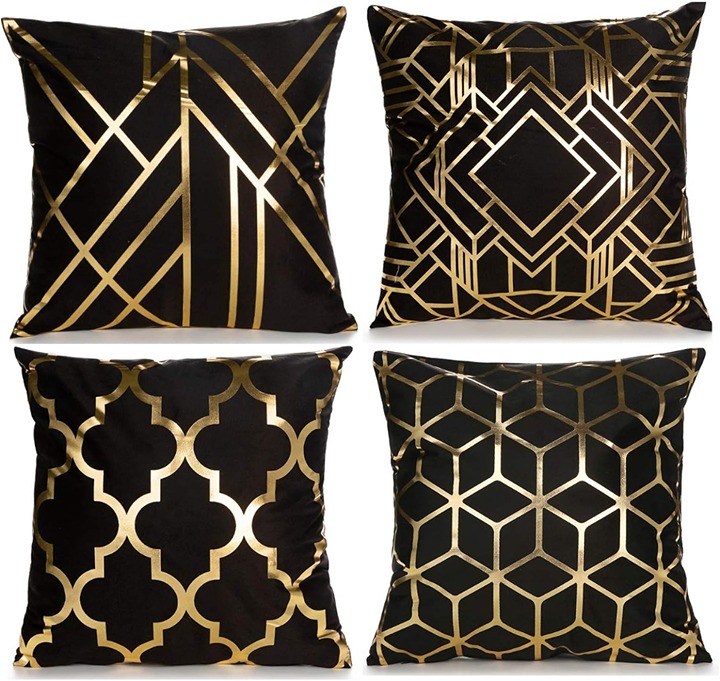 Throw Pillow Covers Set of 4 18×18 Inch Black and Gold