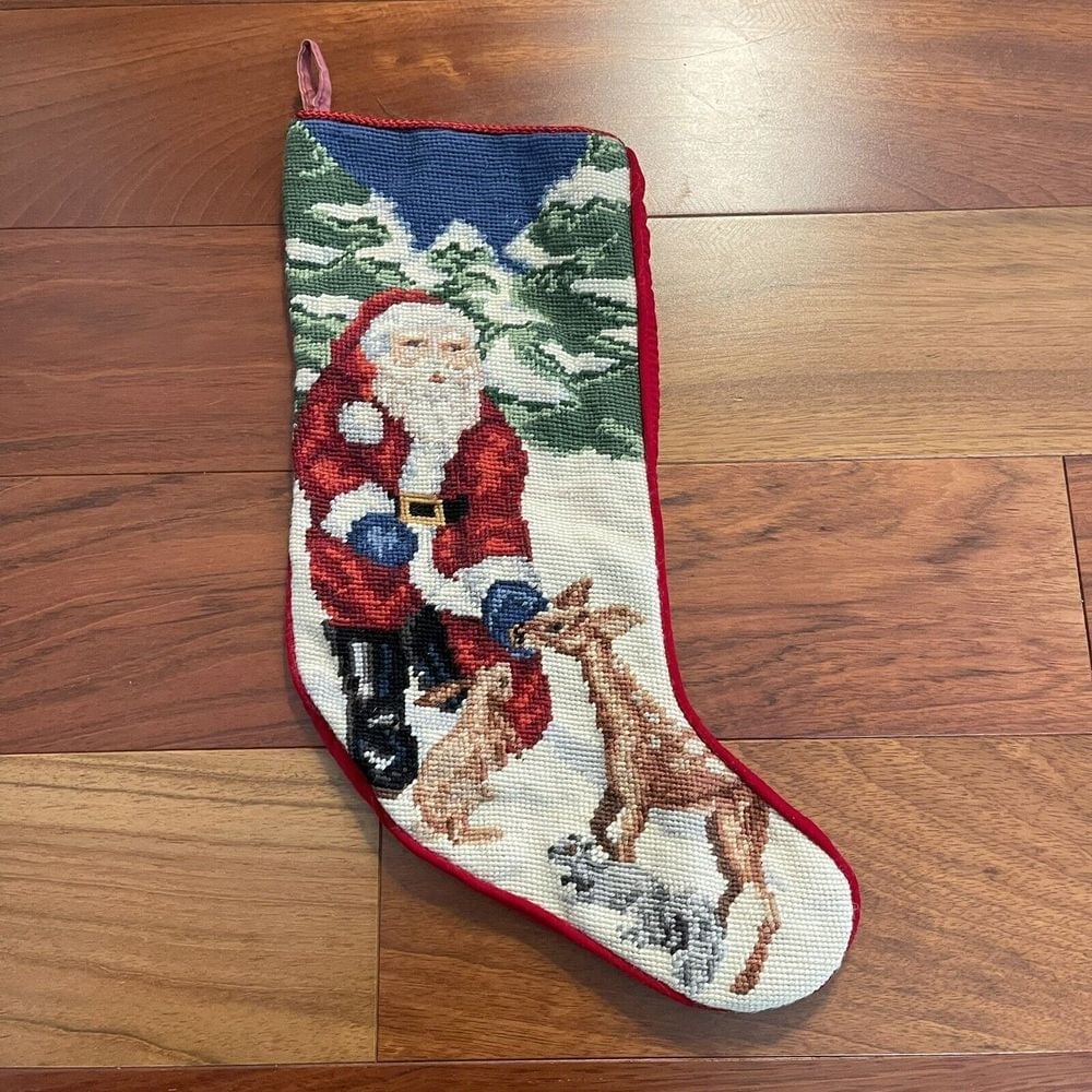 Vintage 100% Wool Needlepoint Stocking Santa Feeding Forest Friends Deer Hare