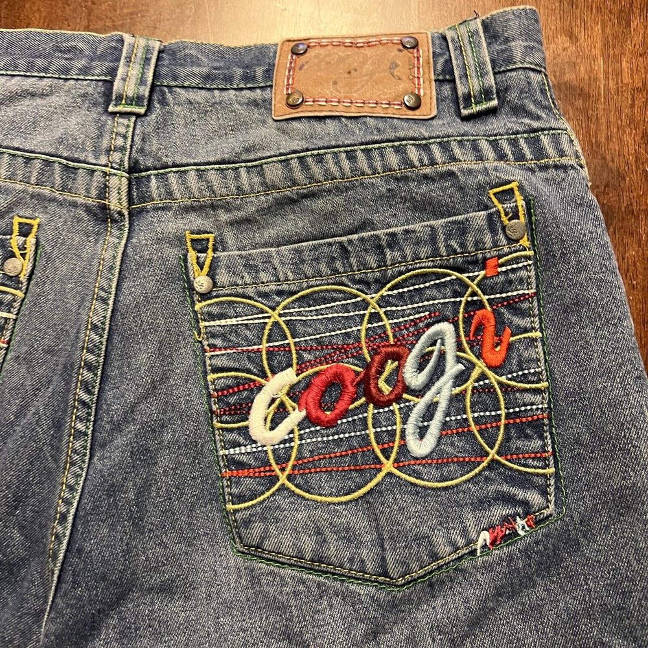 Coogi Australia Mens Embroidered Jeans (36) 35X31 Blue Dark Wash Baggy Wide Leg
