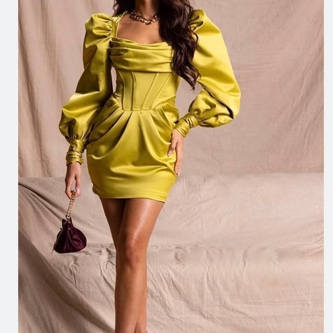 PRETTYLITTLETHING Green Constructed Satin Extreme Puff Sleeve Mini Size 0 NWT