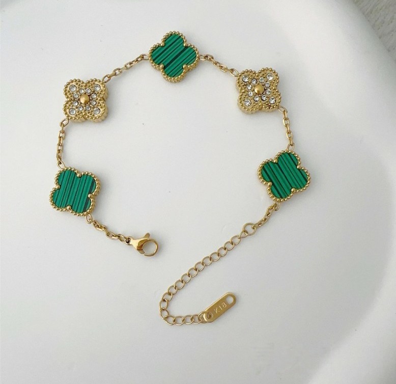 18k gold plated Clover bracelet lucky 5 motifs reversible Malachite & CZ