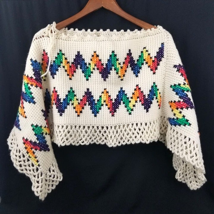 Hand Crocheted Boho Shoulder Wrap Granny Shawl Cape Poncho Cream Colored Rainbow