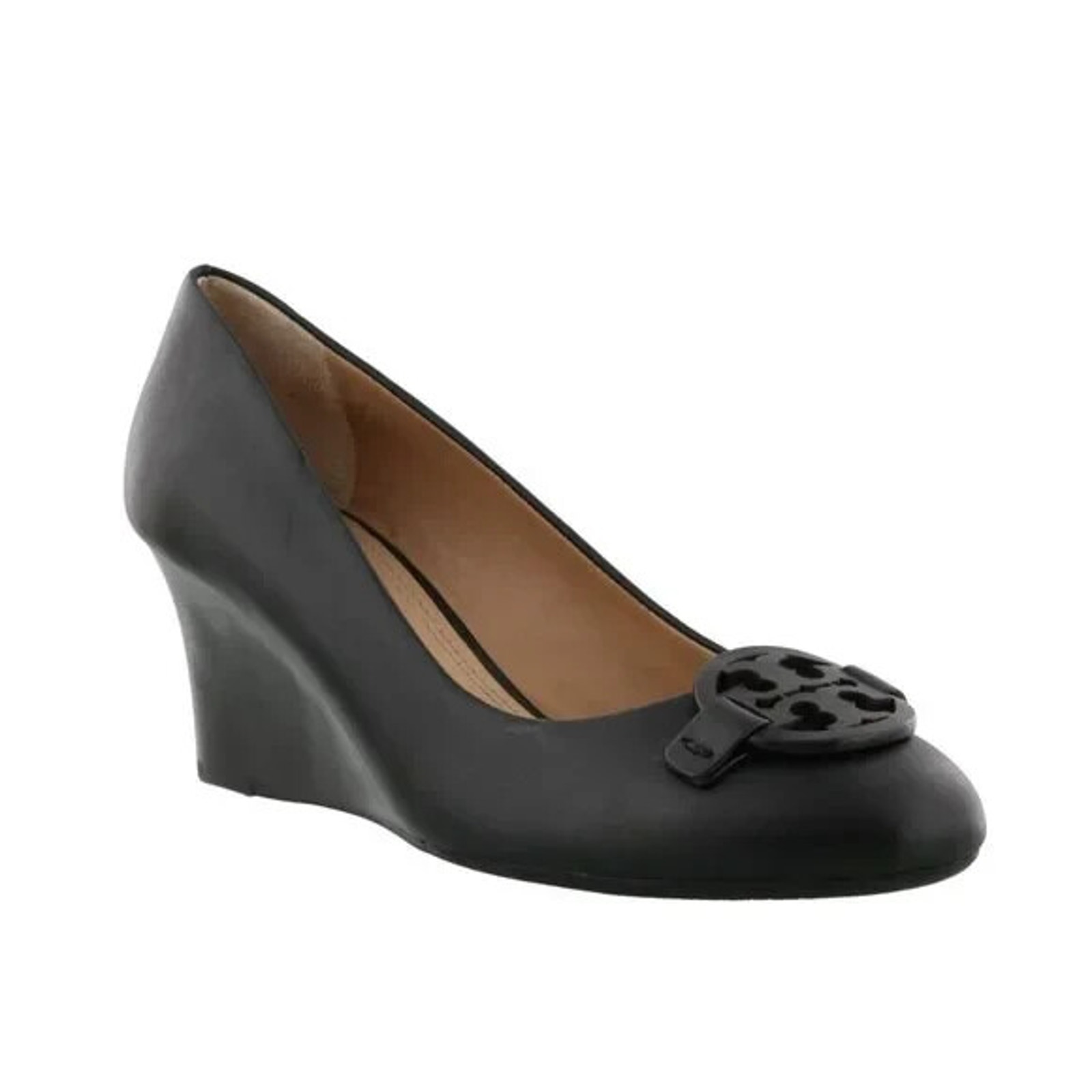 Tory Burch Miller Black 2.5 Wedge Pump Heel Leather Black Logo Round Toe 8.5 M