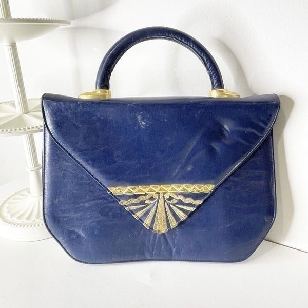Vintage Adrienne Navy Blue Purse Buttery Soft Leather Handbag Gold Spain 80s 90s