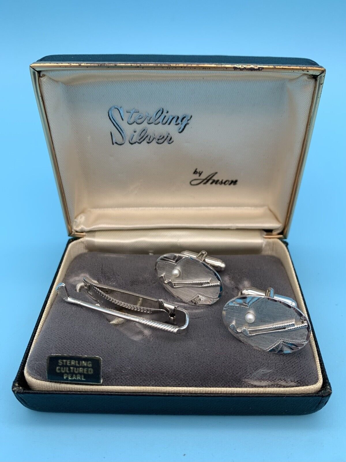 Vintage Sterling Silver And Pearl Cuff Links and Tie Clasp by Anson Golf Themed