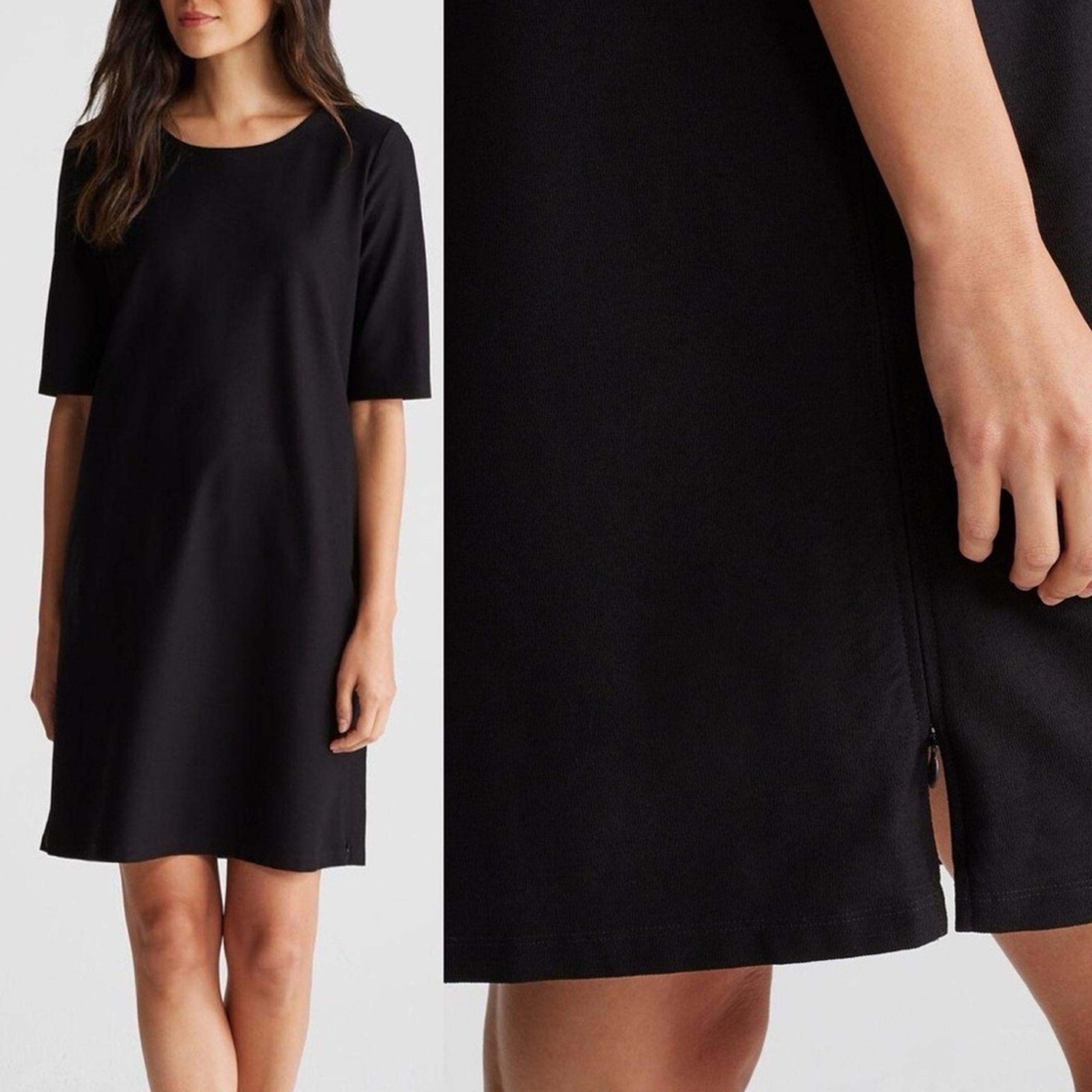 Eileen Fisher Stretch Crepe Side Hem Zipper Short Sleeve Dress in Black - Large