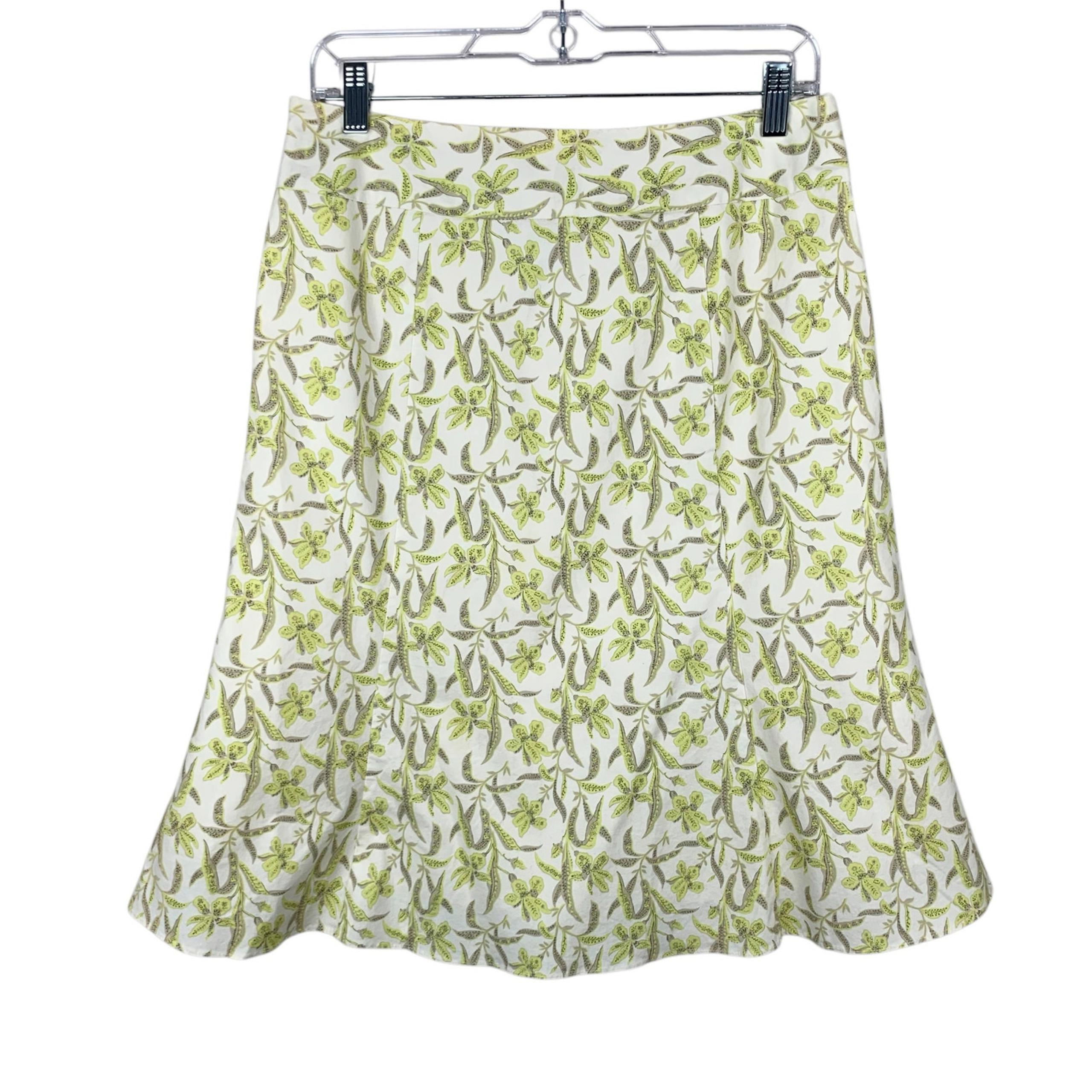 Gap Skirt Stretch A-line Flared Cream Green Floral Midi Women's 8 Modest Spring