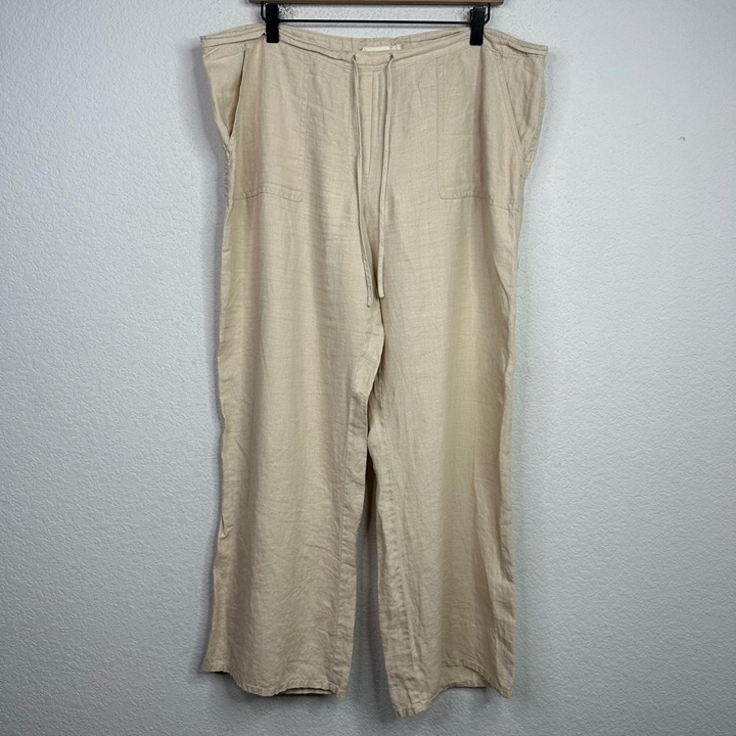 London Jean Pants Womens L Beige Linen Drawstring Wideleg Boho Lagenlook Resort