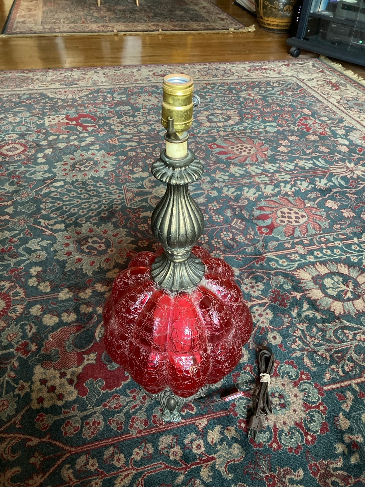 Vintage mid century red crackle glass table lamp Hollywood