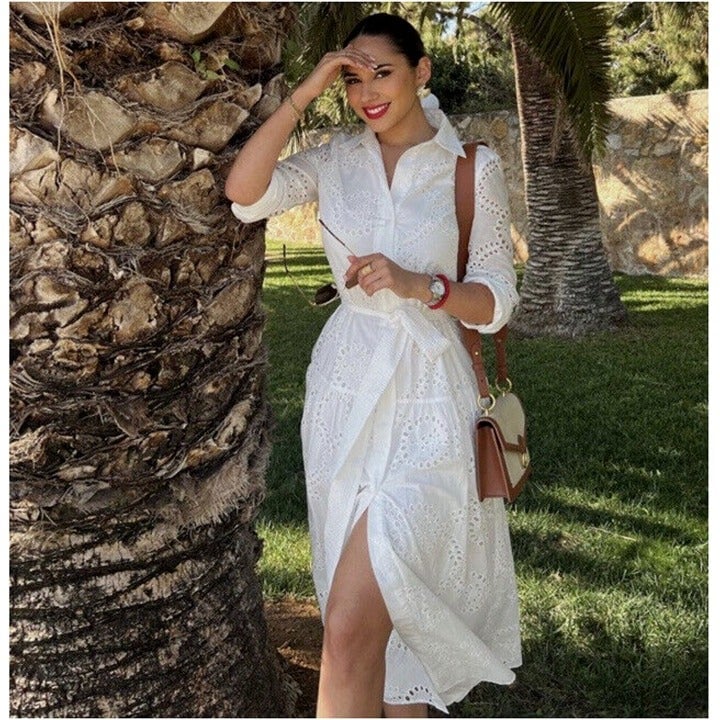 ZARA NWT 119 COTTON EMBROIDERED MIDI SHIRT DRESS OYSTER WHITE XS,S,M,L,XL,XXL