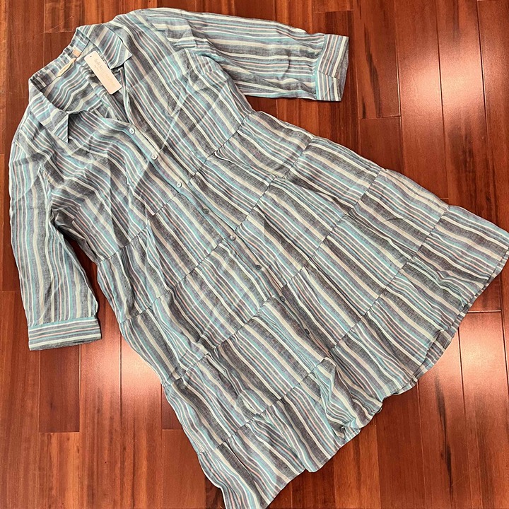 New NWT Soft Surroundings Blue Linen Shirt Dress Striped Button Down 3/4 Size XL