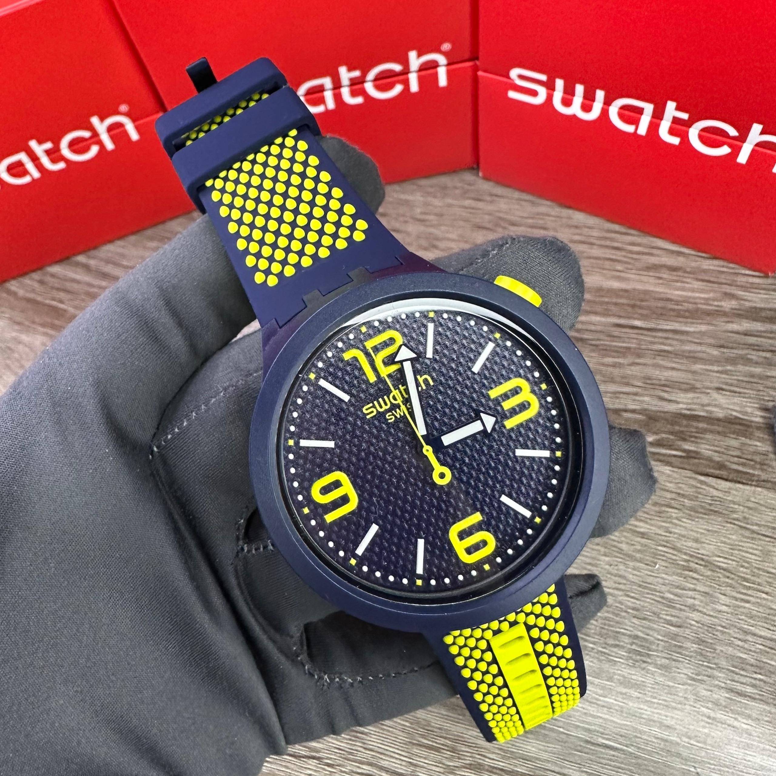 NEW✅ Swatch Big Bold BBNEON Navy Blue Neon Yellow Men's Watch SO27N102