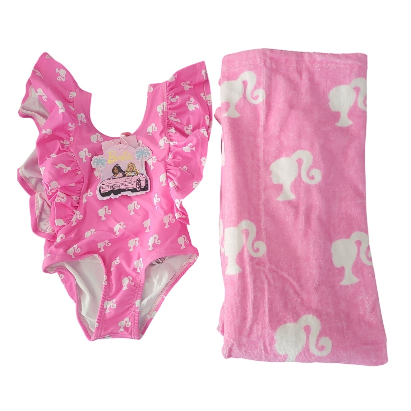 Posh Peanut Barbie Pink and White Flutter Sleeve One Piece Swimsuit & Towel - 2T