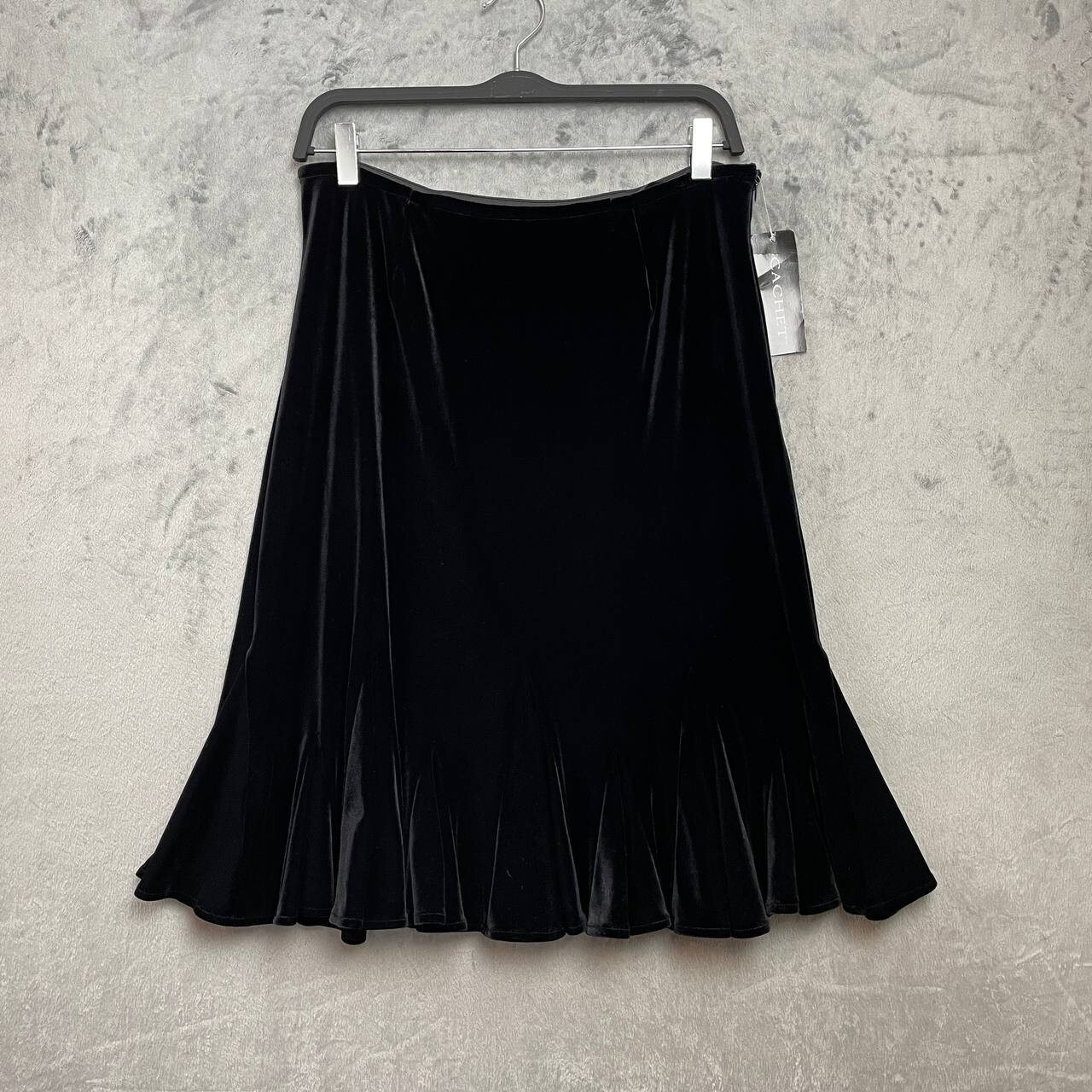 Y2K Whimsigoth Velvet Black Knee Length Ruffle Hem Trumpet Skirt Large Gothic