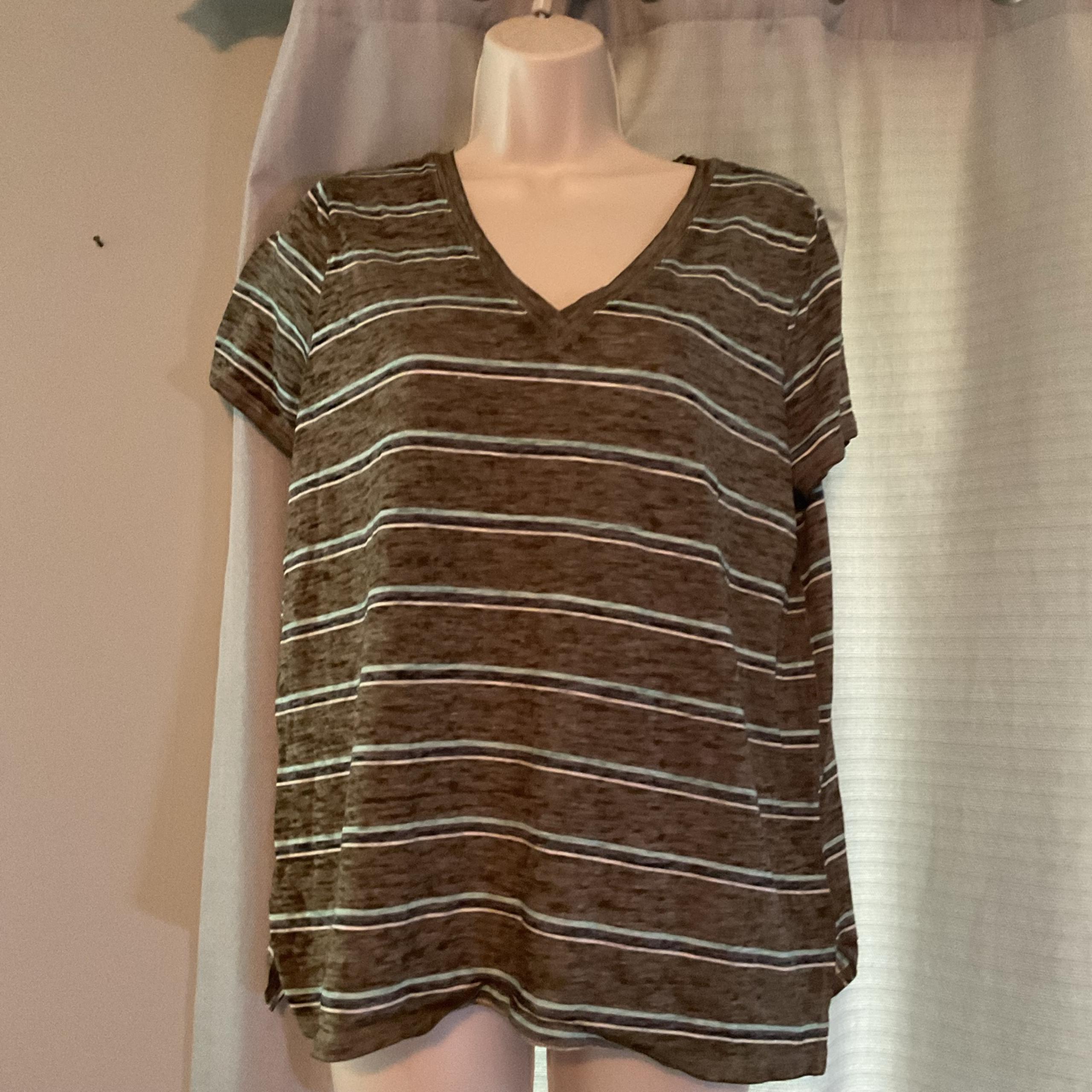 Mudd T Shirt Womens Medium Brown Blue Striped Short Sleeve Roadtrip Tee Casual