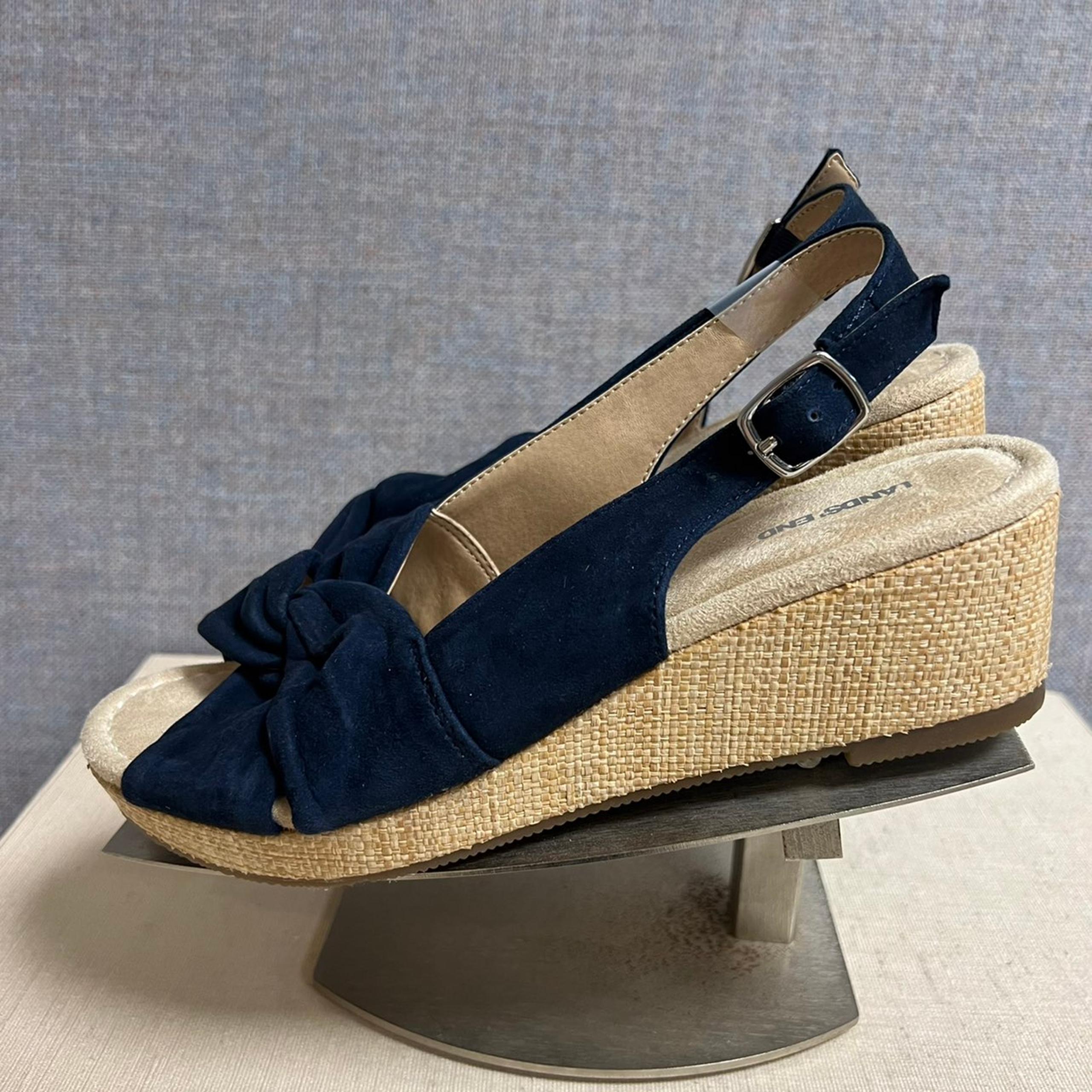 Lands End Sling Back Sandals Navy Blue Peep Toe Platform Buckle Sz 7B NWOB