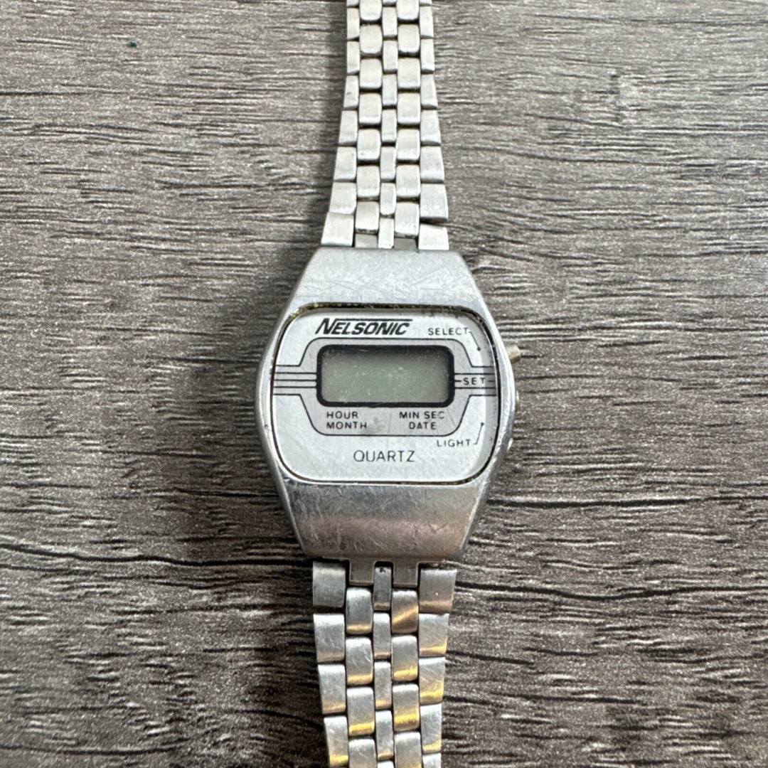Nelsonic Digital Watch Men Silver Barrel Alarm FOR PARTS