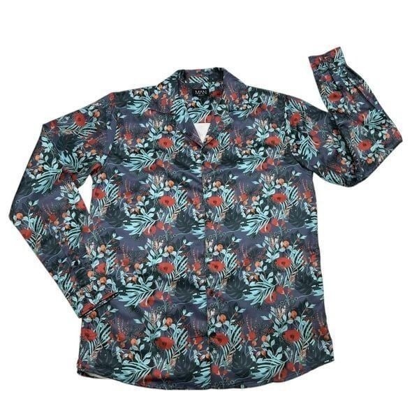 Boohoo MAN Vibrant Floral Long Sleeve Button Up Polyester Shirt Men’s Size Large