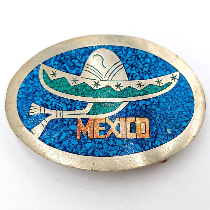 Mexico Belt Buckle Turquoise Chip Mosaic