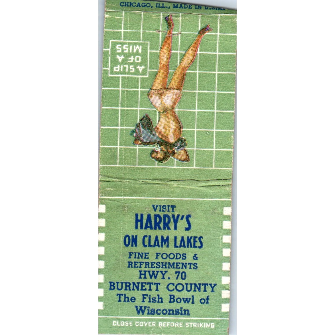 Harry's On Clam Lakes Burnett County WI Pinup Vintage Matchbook Cover SD2-Y7