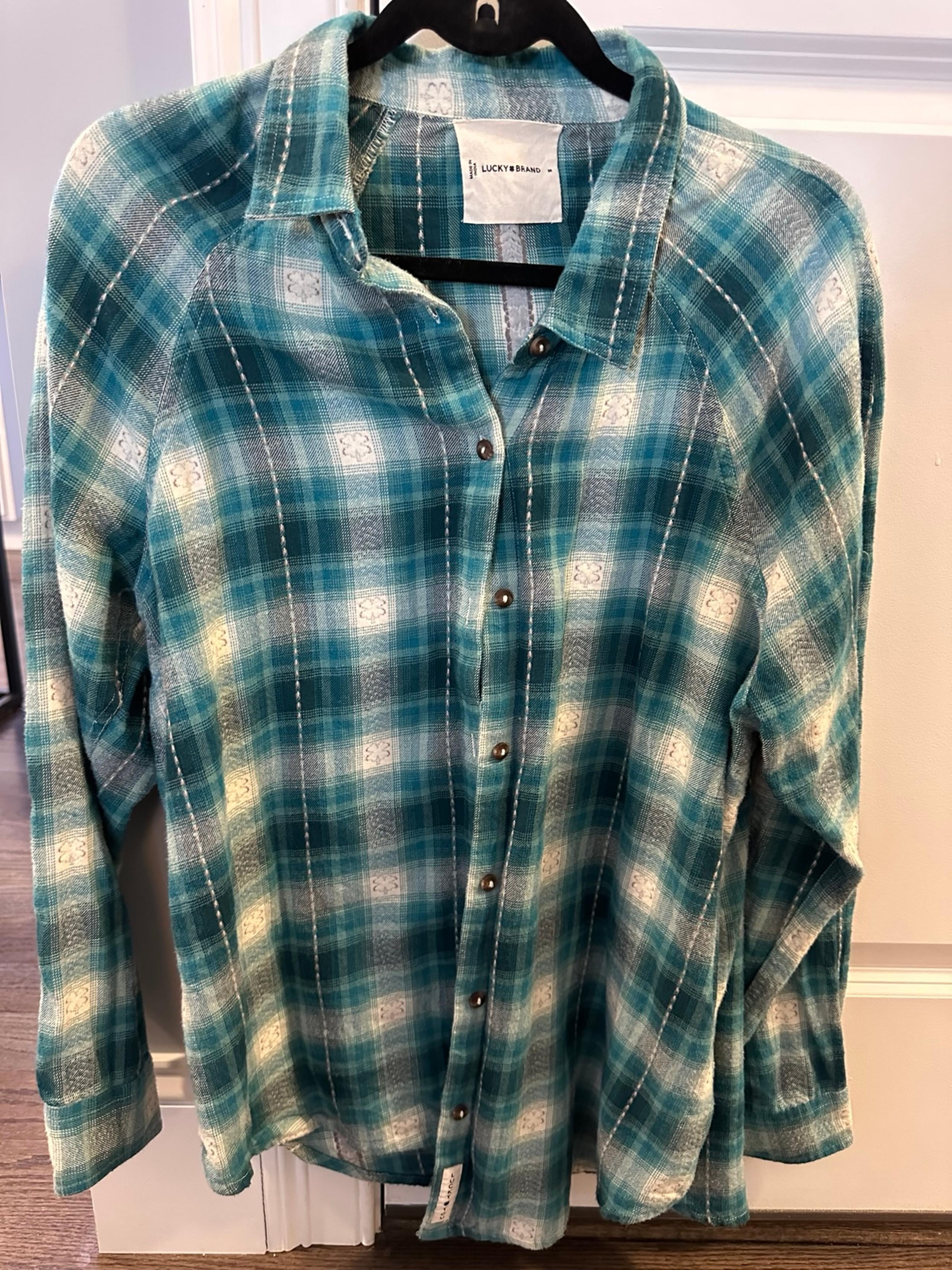Lucky Brand Women's Oversized Plaid Green Clover Tunic Shirt Button-down