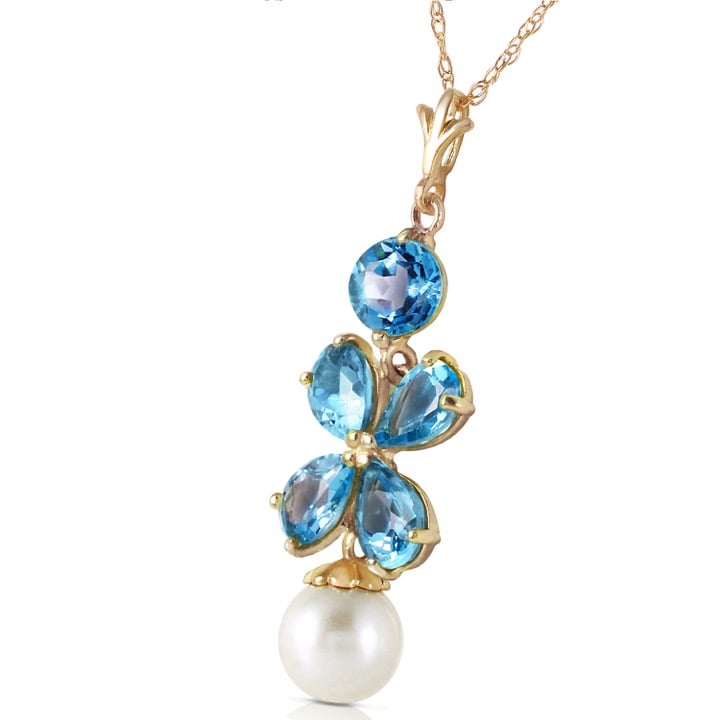 14K. SOLID GOLD NECKLACE WITH BLUE TOPAZ & PEARL (Yellow Gold)