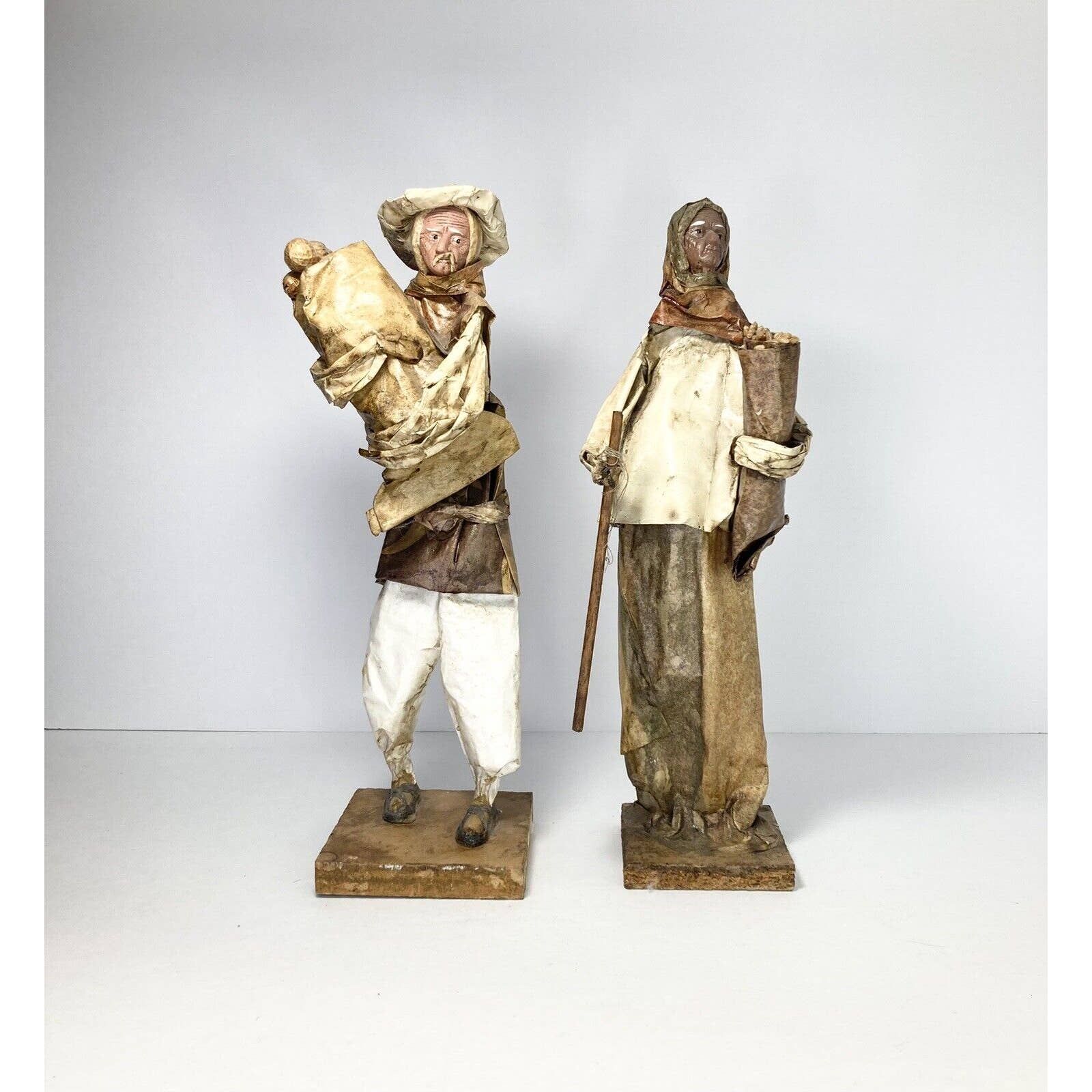Set of 2 Vintage Mexican Folk Art Papier-mâché Village People Farmer Couple 13”