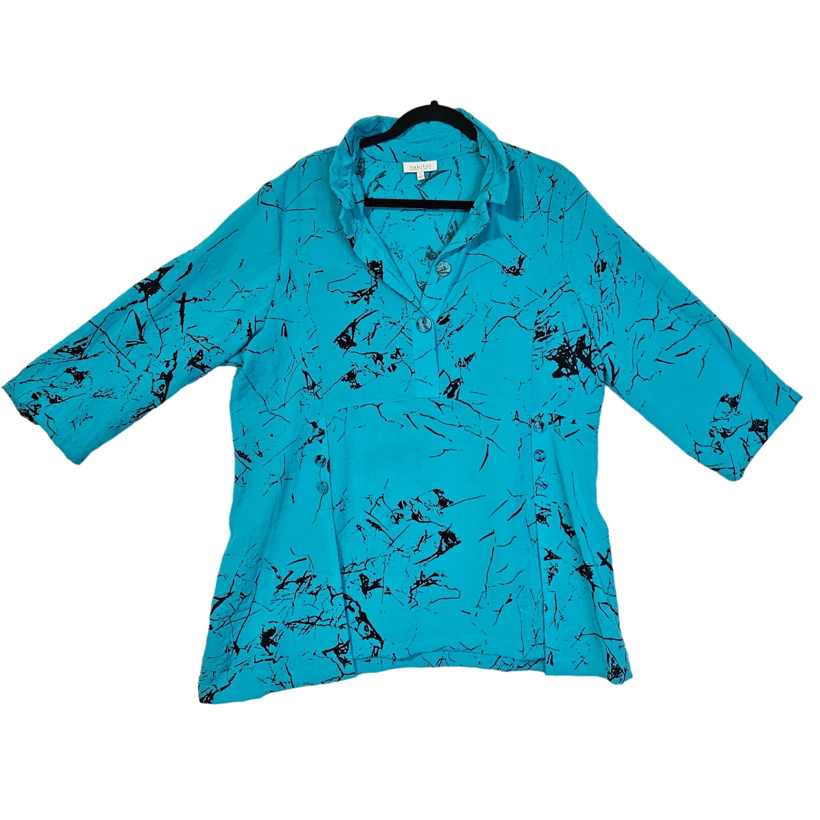 Habitat L Coral Blue n Black marble like accents Oversized Tunic Top. Boho.