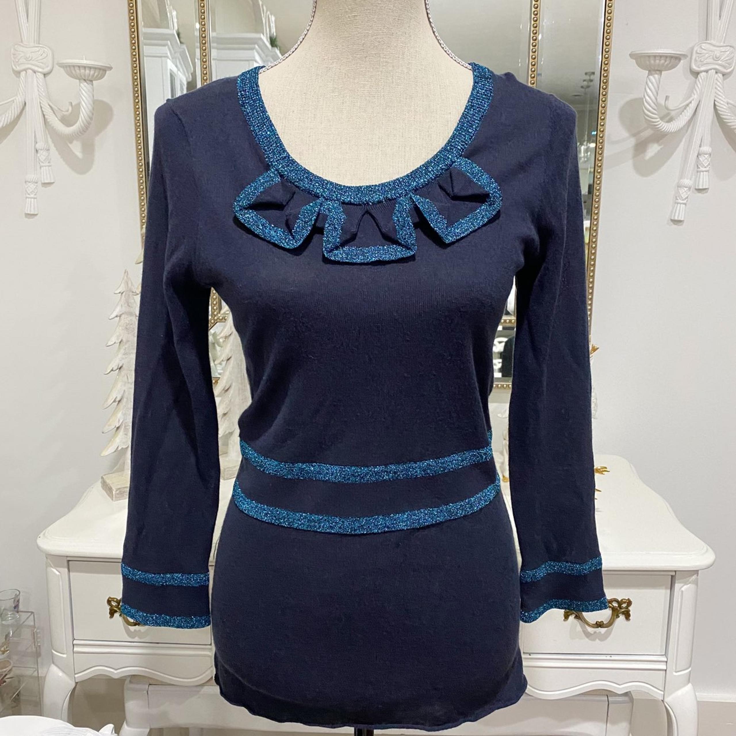 Marc By Marc Jacobs Knit Sweater Top Metallic Bib Bow Stripes Zip Blue Shiny Med