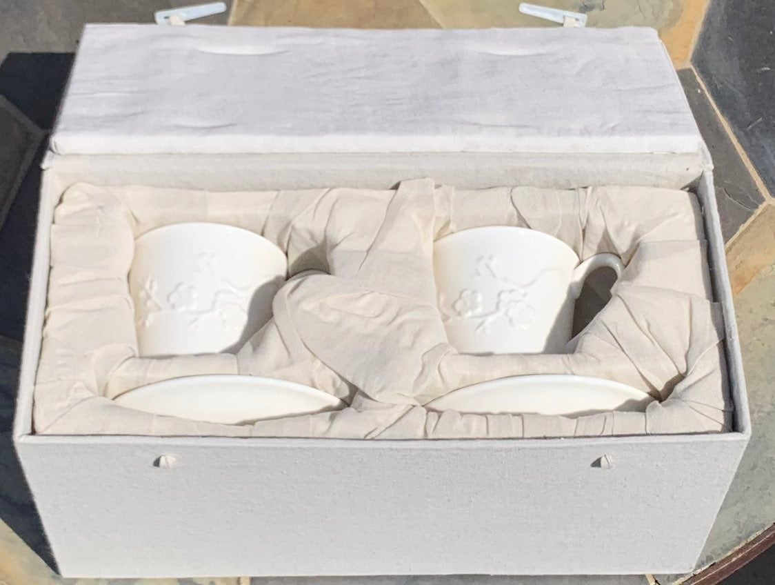 Off-White Plum Blossom Cups and Saucers in Padded Gift Box ~ Set of 2