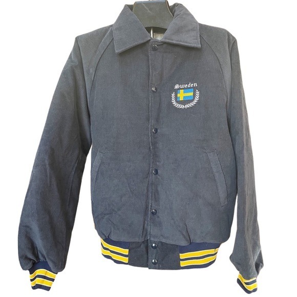 Vintage made in USA Hartwell navy blue corduroy varsity jacket with Sweden patch