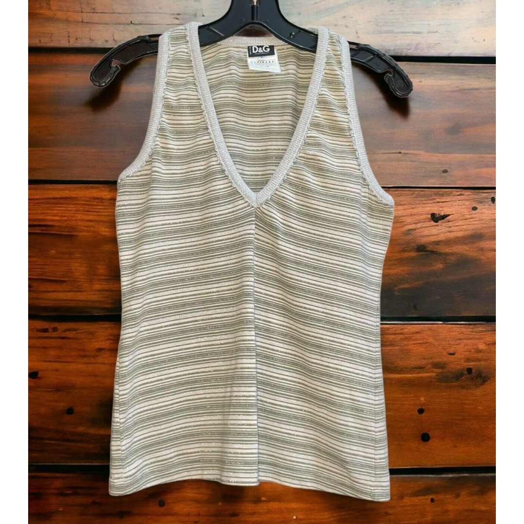 Vtg y2k D&G Dolce and Gabbana Sleeveless Striped Top Silver Sparkle Thread
