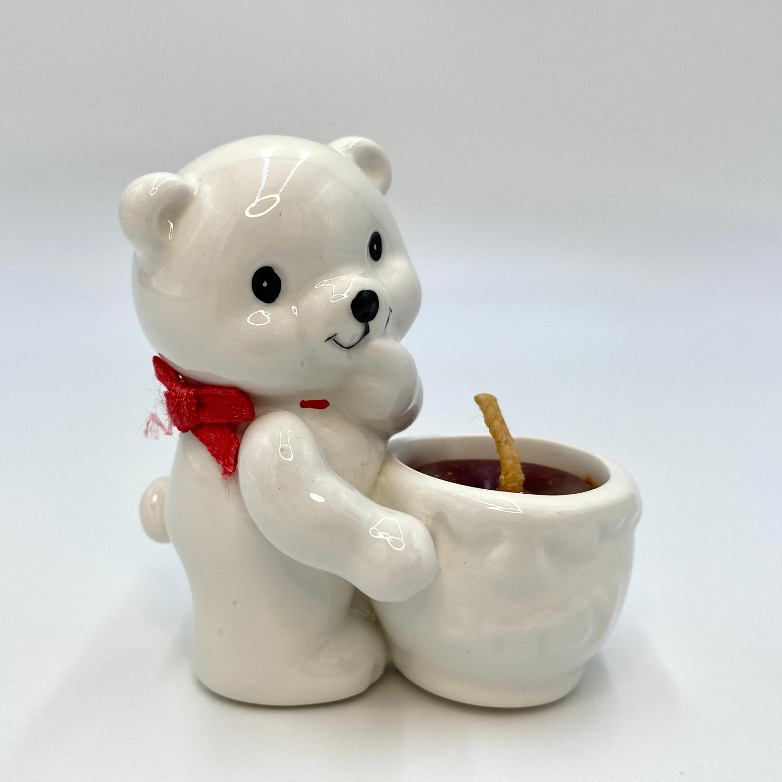 Vintage Russ Berrie Mini White Ceramic Teddy Bear Red Ribbon Candle Holder 2505