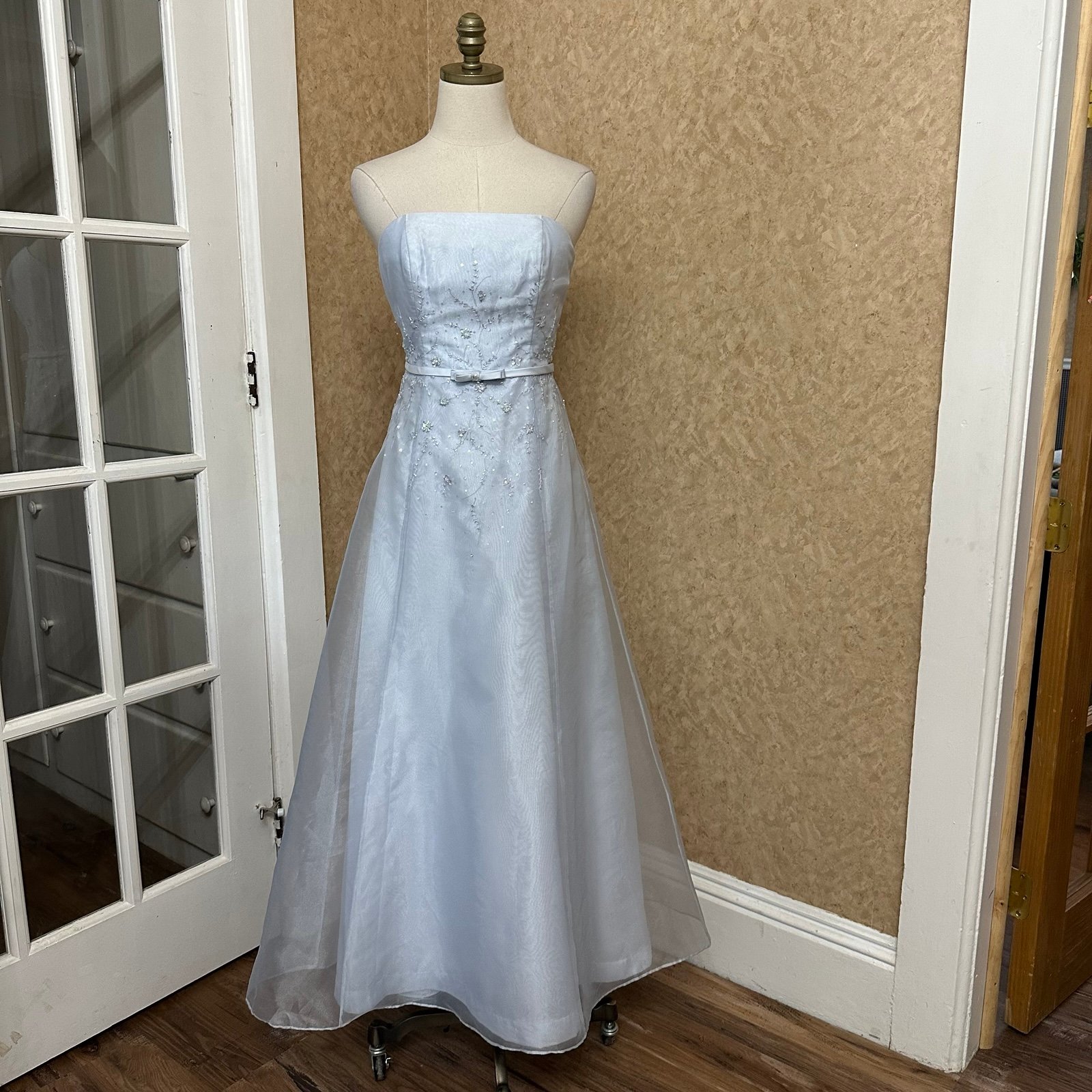 VTG Y2K 2000s Light Blue Beaded Sequin Bow Tie Strapless Coquette Formal Princes