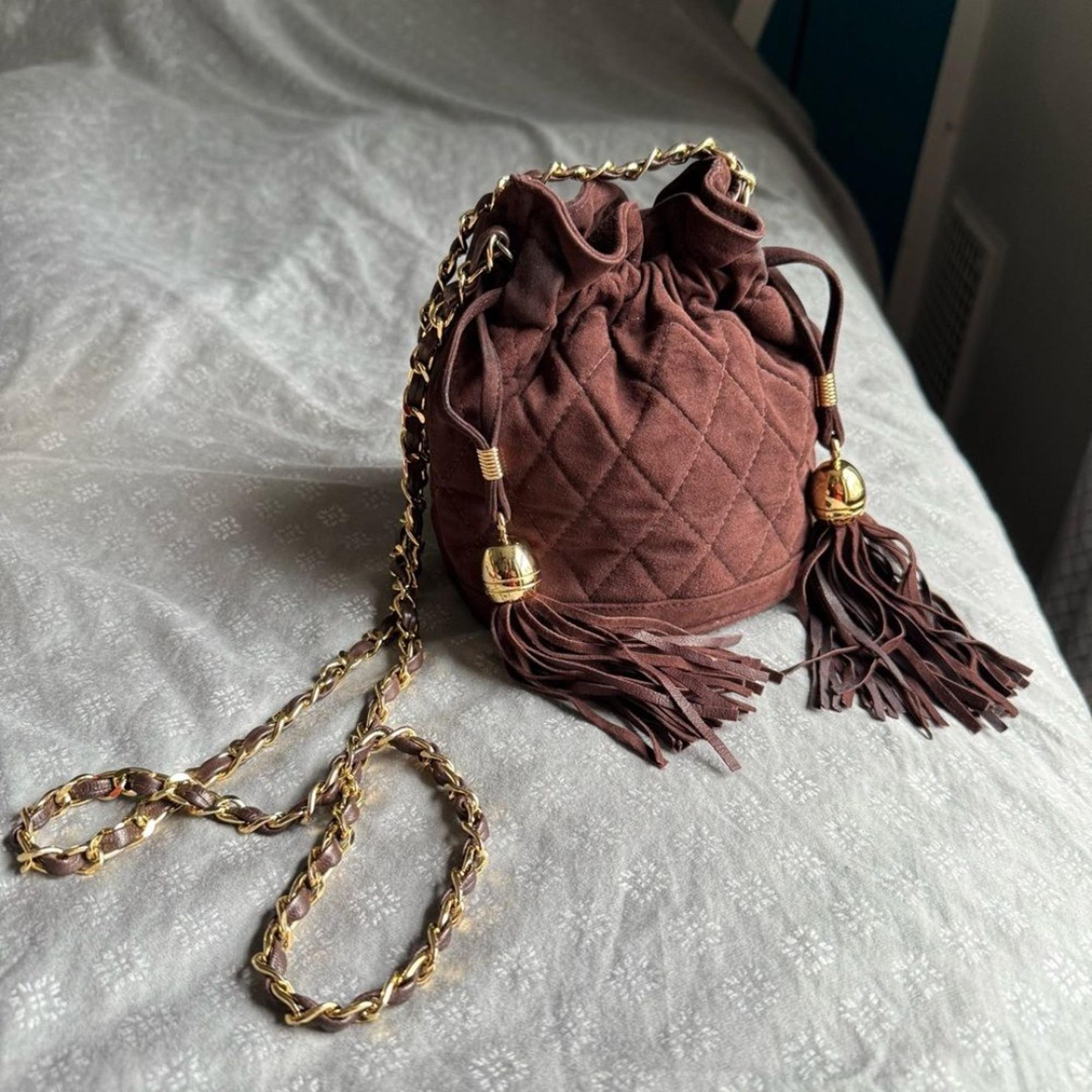 Neiman Marcus Collection Brown Quilted Suede Drawstring Bucket Bag with Tassels