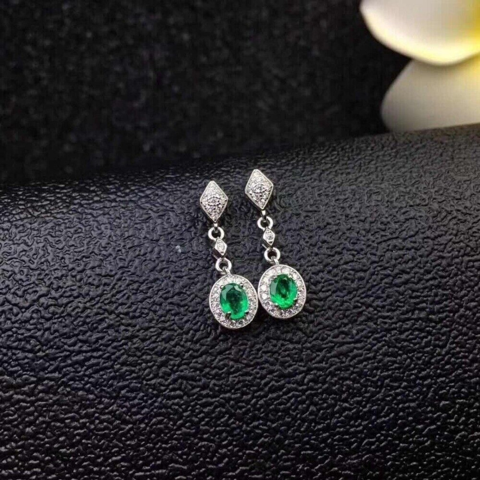 Natural Emerald Dangle Drop Earrings, Colombian Emerald Dangle Earrings Sterling