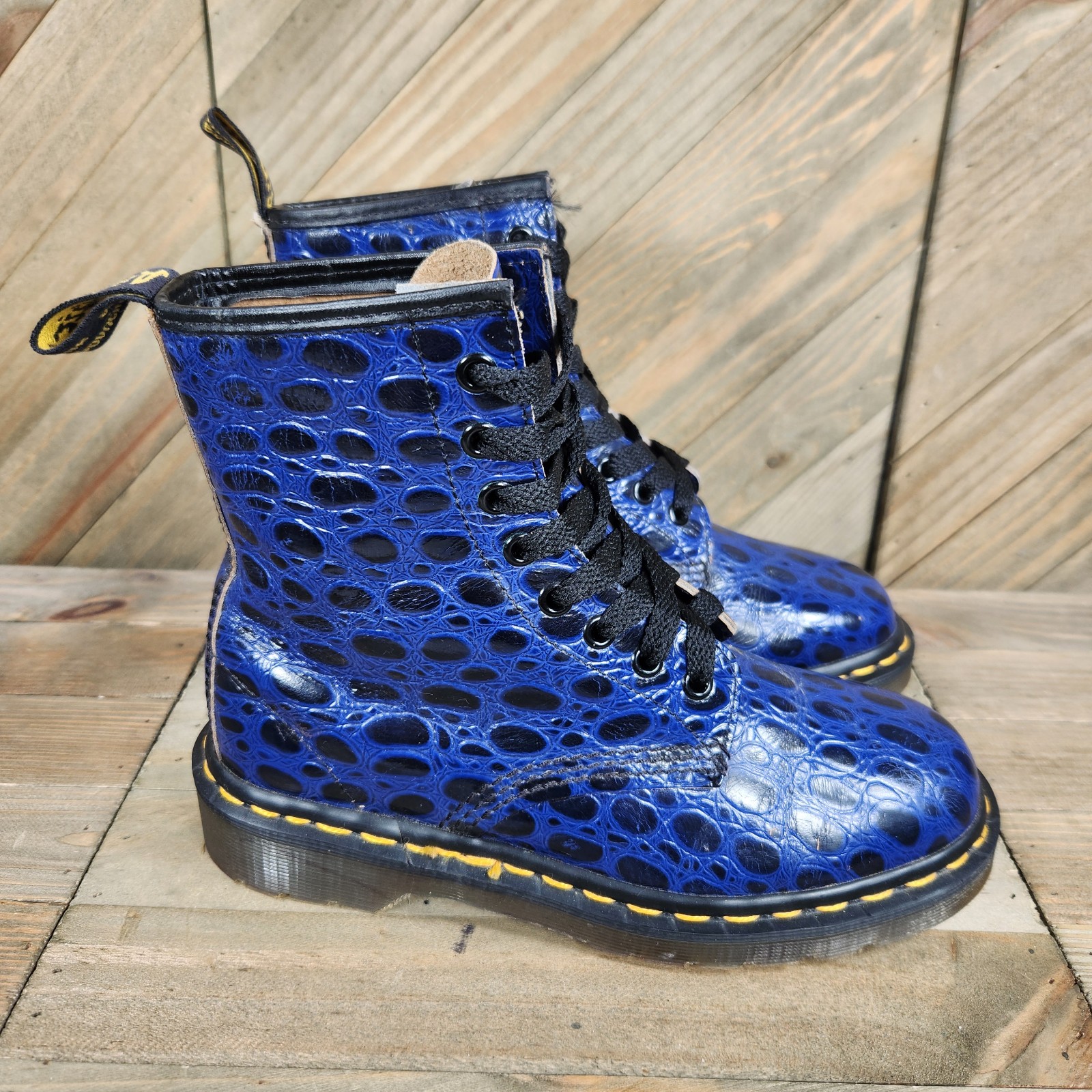 Vintage 90s Dr. Martens 1460 Croc Print Leather Combat Boots Size 6 Blue England
