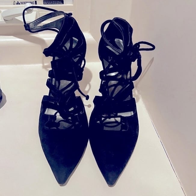 Stuart Weitzman lace up black suede heels