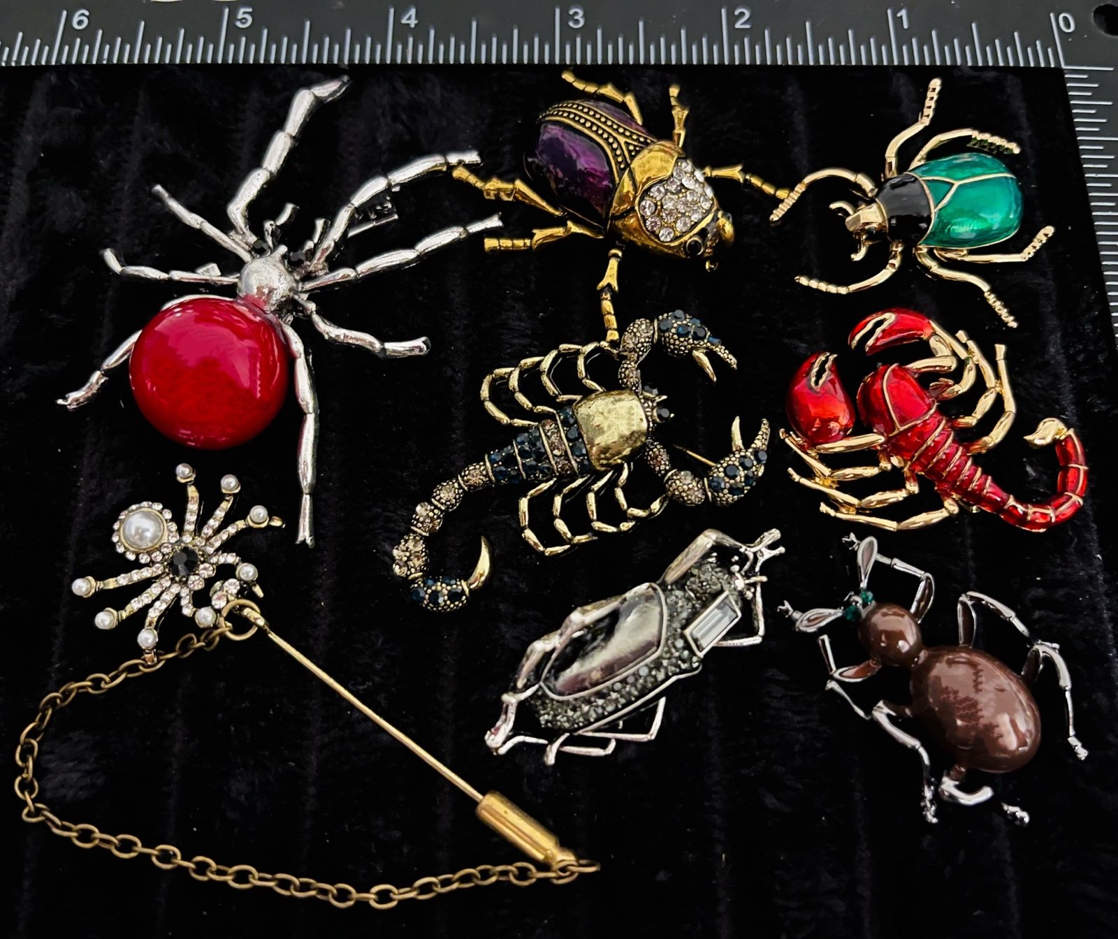 Lot of 8 Insect & Spider Brooches – Scorpion, Beetle, Ant, Rhinestone & Ename