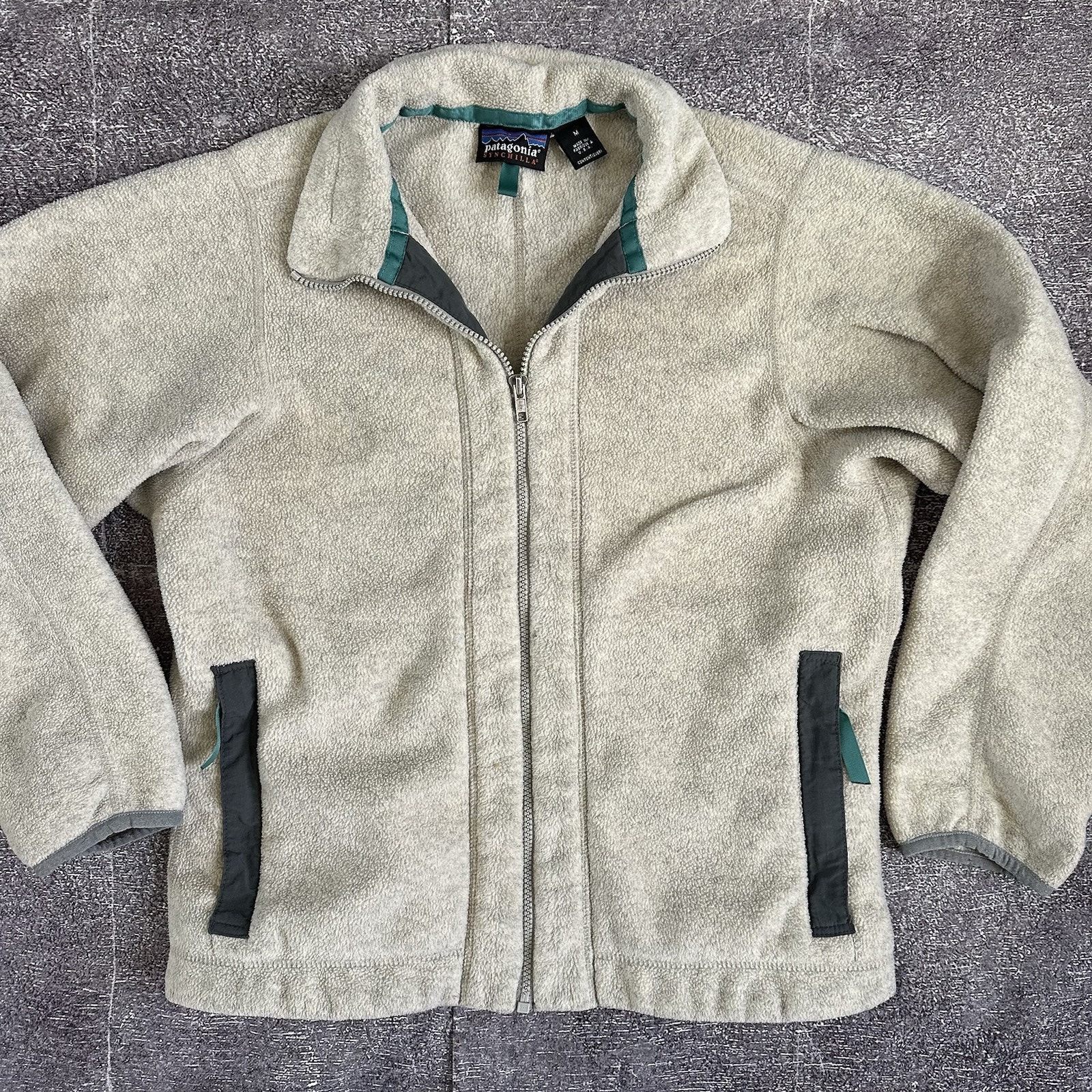 Men's Vintage Patagonia USA Synchilla Fleece Heather Oatmeal Zip Up Jacket Sz M