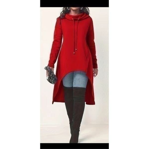 Red High-low casual hoodie, long sleeve drawstring sweatshirt, size Lg/XL (14)